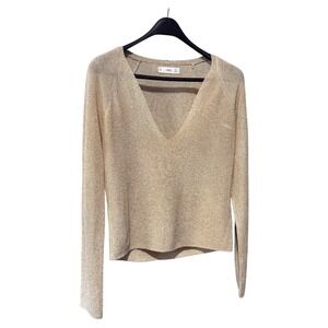 MNG Women's Sparkly Gold V Neck Long‎ Sleeve Knit Sweater Top Size S